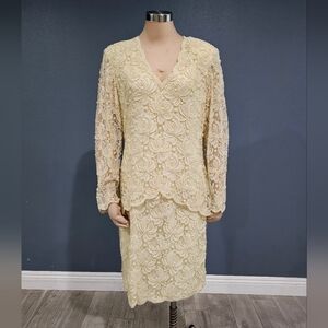 BEADED DRAMA Women Vintage Cream Lace Overlay Pearl Beaded Dress XL